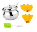 Stainless Steel Ghee Dani or Ghee Pot with Steel Ice Cream Scoop and Multicolour, Pack of 2