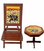 SAARTHI Rajasthani Dhola Maru Handmade Wooden Folding Chairs and Table Set (1 Chair+1 Round Table)