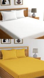 N G Products Combo Bedsheets for Double Bed Cotton 300 TC Premium Satin Stripes Soft 2 Double Bedsheets with 4 Pillow Covers, 90 x 90 Inches, Color- White & Yellow