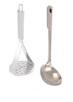 BLUE WONDER Stainless Steel Big Potato Masher With Stainless Steel Chamcha Spoons and Multicolour, Pack of 2