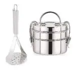 Stainless Steel Potato Masher with 2 Pcs Steel Lunch Box and Multicolour, Pack of 2