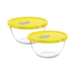 Treo by Milton Glass Mixing Bowl with Flexi Lid | Microwave Safe & Dishwasher Safe | Clear & Non- Porous Glass | Scratch Resistant | Transparent | 500ml, Set of 2, 500 ml, Lid Color - Yellow