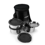 UNINOX Doodle Round 3 Stainless Steel Lunch Box for Office | Lunch Box for Men/Women | Set of 3 pcs (250,350,350ml) Easy to Carry | Black