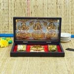 pujaNpujari Gold Plated Lakshmi Ganesh Saraswati Photo Frame with Shubh Labh Charan Paduka for Pooja Room, Return Pooja Gift Box Set