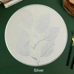 Dakshya Industries Pack of 2 Round Leaf Design Table Placemat,Pressed PVC Place Mats Easy to Clean Waterproof Dining Table Plate Mat for Kitchen Hotels Business Occasions Indoor Outdoor Silver