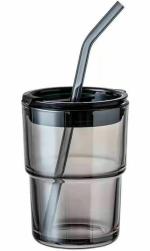 BIMVER Heat Resistant Children's Breakfast Creative Glass Sipper Tumbler with Lid and Silicon Straw 435ml Pack of 1 Grey