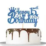 Festiko Blue Glitter Happy 15th Birthday Cake Topper For Cheers To 15 Years, Teenagers 15th Birthday Party Decorations Supplies High Grade Color