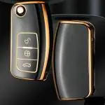 Siwan TPU Car Key Cover Compatible with Ford Fiesta, Figo, Old Ecosport Flip Key (Black-Golden)