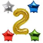 LADAKPAN 16 Inch Silver/Gold Colour Number Foil Balloon with 9 Inch Multicolour 4 Star Shape Balloons for Birthday, Anniverasary, New Year, Christmas, Corporate or Theme Party Decoration. (2, Gold)
