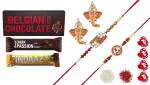 Feastive Celebrations 2 Stylish Rakhis With Amul Belgian Milk Chocolate, Amul Bindaaz Chocolate Wafers, Amul Dark Passion Wafers Chocolate, Pair Of Soan, Pooja Rakhi, Kesar And Chawal (Set Of 10)