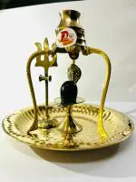 DARIDRA BHANJAN - Black Shaligram Stone with Sheshnag Jalheri/Stand with black Shivling, Shivalingam Stand (H =12 Cm), Brass Pooja Plate Thali (Gold/ 6 INCH), Shiva Idols, Shivling for Puja, Shivalinga Shivling for Pooja.
