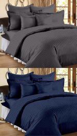 VORDVIGO Combo Pack of 2 Cotton Satin Stripes Plain Bedsheets for Double Bed with 4 Pillow Covers for Home, Hotels Rooms, Guest House (Color- Grey & Blue)