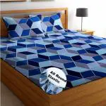 N G Products Elastic Fitted Cotton Double Printed Bedsheet with two Pillow covers_Size-72x78+8 inches (Blue Football Design)