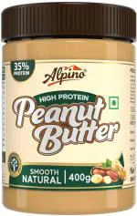 Alpino High Protein Natural Peanut Butter Smooth 400 G | Unsweetened | 35 G Vegan Protein | 100% Plant Based, High Protein Peanut Butter Creamy | No Added Whey | No Added Sugar, Salt or Hydrogenated Oils | Gluten-Free | Vegan