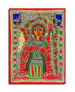 Tamatina Multicolor Madhubani Art Maa Saraswati Traditional Unframed Art Canvas Painting-24X18 Inch