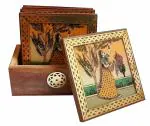 SAARTHI Rajasthani Wooden Antique Beautiful Miniature Dark Brown Meera Tea Coffee Coaster Set