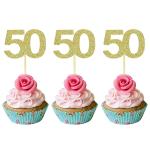 Festiko 24 Pcs Gold Glitter 50th Birthday Cupcake Topper For Fifty Anniversary Party Decoration, 50th Theme Cake Toppers