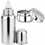 PGD Plain Silver Stainless Steel Baby Feeding Bottle with Baby Food Storage Container Lunch Box Combo - 300 ml