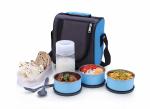 KATHIYAWADI 4 in 1 Stainless Steel Lunch Box with Bag 3 Container, 1 Casserole Set with Plastic Bottle and 2 Spoons, Tiffin Box with Bag for Office use, Student, Women, Men, Girls - SkyBlue