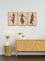 999Store Beige Canvas Golden Frame Bharatanatyam Dancing Girl Wall Painting Set of 3(Bo3Frames073)