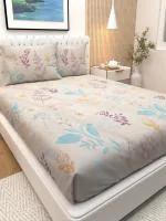 Athom Living Premium Dreamy Cream with microplants Printed Double Bedsheet with 2 Pillow Covers