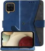 Autofocus Faux Leather Back Case Flip Cover for Samsung Galaxy A12, Samsung A12 with ID Card Slot | Foldable Stand | 2 Card Slot | 1 Cash Slot | Magnetic Closure - Executive Blue, 23572
