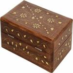 GURU JEE Wooden Hand Carved Decorative Vintage Trinket Jewellery Box Brass Inlay Floral Design