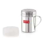 HAZEL Stainless Steel Powder Shaker with Handle And Plastic Lid Cap|Dredger with Handle |Salt And Pepper Cellar Cocoa Chocolate Powder Shaker , Capacity 310 ml, Silver