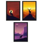 RITWIKA ART AND CRAFT Collection Of 3 Abstract Paintings Of Reindeer During Sunrise, Sunset And Night | Three Digital Painting With Frame | 9.5 inch x 13.5 Inch (SET OF - 3 (ALL))