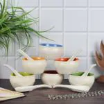 THE MOON STORE Handcrafted White Marble Premium Ceramic Soup Bowl Set of 6 with Spoons - 300ml- for Kitchen, Dining Table, Restaurant