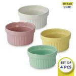 Urban Chef Ceramic Ramekin Bowls 225 Ml for Baking or Serving Puddings, Custards, Cup Cake Muffin Souffle, Creme Brulee, Deserts,Berries, Chutneys and Dips -Microwave /Oven/ OTG / Dishwasher Safe Ramekin Dish (White, Peach, Sea Green, Yellow Set of 4)