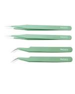 PagKis ESD Safe Anti-Static Tweezers (Green, Pack of 4, Straight & Curved Pointed)