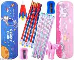 Pack of 18 Space and Unicorn Stationary Set - 2 Pencil Boxes, 2 Erasers, 12 Pencils, 2 Sharpner, Birthday Party Return Gift Party Favor for Kids) Boys & Girls