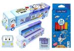 Vinmot Space Cartoon Printed Metal Bus Geometry Box with Double Compartment and Sharpener Moving Tyres Pencil Box for Kids and School with Space Double Sided Pencil Color for Drawing.