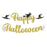 Festiko Happy Halloween Banner Gold Glitter With Witches And Ghosts Decoration, Funny Halloween Party Decorations For Mantle Fireplace