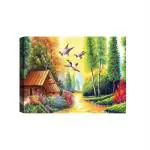 Genric SHASWAT ART Beautiful Landscape of Lake View with Village Natural Scenery Canvas Painting with Wooden Box Frame for Living Room, Bed Room, Office, Hotels (46cm x 61cm)