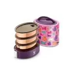 VAYA TYFFYN Cats Copper Finished Stainless Steel Lunch Box with 3-Containers Without Bagmat, 1000 ml