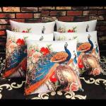 MS ENTERPRISES Cushion Cover White Peacock Digital Print Silk Satin Pack of 5(40x40 Cms or 16x16 Inch)