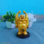 TRACES Resin Laughing Buddha Happy Man Hands up with Wealth Balls Small | Good Luck Showpiece | Decorative Showpiece | 12 cm Gold