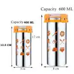 Priyaj Stainless Steel Cyclindrical shaped Container with Lid SmartGlass Orange Series Set of 2 Container (400ml & 600ml)|Air Tight & Leak Proof Big base|School Office carry for Curd Juice Butter milk