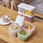 DELMON Multipurpose Plastic 2 In 1 Masala Box for Kitchen,Transparent 2 Section Fridge Storage Boxes With Lid And 2 Partition Space Saver Multi Section Bins Fridge Organizers Airtight Grocery,Cereal,Dry Fruits Dabba 1000 Ml (Pack of 4)