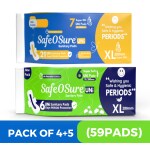 Safeosure Xl 280Mm Uni Super Soft Feel + Super Dri Feel Pads Safe & Hygienic Periods Pads with Wings (4+5Pack), 59Pads