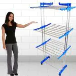 SONMART Stand Clothes Drying Rack Folding Stainless Steel Laundry Garment Dryer Stand with Two Side Wings-(Blue) Portable 3-Layer Cloth Wheels and Foldable Wings - Ideal for Efficient Air Drying of Clothes, Towels, Quilts, and Shoes