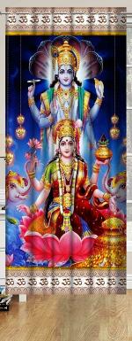 Riftree Devotional 3D Digital Print Eyelet Polyester for Pooja Room Door Curtains Pack of 1 Pieces (Vishnu,laxmi, 4 x 7 feet)