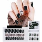Coslifestore Press On Nails Pack of 24 Black And Nude Designer Nails With Full Application Kit Jelly Tabs, Glue, Buffer And Manicure Tool (Black And Nude With Black Stripes)