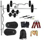 Body Maxx Rubber 54 Kg Home Gym Weight Plates, 3Ft Ez Curl Bar, 5 Ft Straight 2 Dumbells Rods 14 Inches, Gloves, Rope, Bag, Hand Grippers, Locks