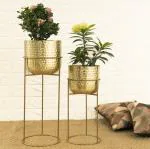HomeShastra Allura Gold Hammered Metal Floor Planters with Stands | 21 Inch & 17 Inch (Height) by 7.5 inch & 6.5 Inch (Dia) | Planters for Living Room, Bedroom Interior Ideas (Hammered Gold Set of 2)