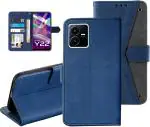 Autofocus Faux Leather Back Case Flip Cover for Vivo Y22 with ID Card Slot | Foldable Stand | 2 Card Slot | 1 Cash Slot | Magnetic Closure - Executive Blue, 23402