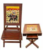 SAARTHI Rajasthani Dhola Maru Handmade Wooden Folding Chairs and Table Set (1 Chair+1 Drawer Table)