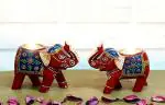 HOMESUTRAA Red Hand Painted Elephant Wooden Tea Light Candle Holder set of 2 (11 x 5.5 x 13.5 cm)